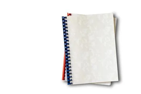 Top view of old plastic ring binding notepad paper files isolated on white. Stock Photos