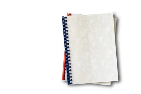 Top view of old plastic ring binding notepad paper files isolated on white... Stock Photos