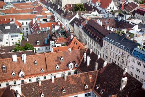 Top View of old town from St. Stephen's Cathedral, Vienna, Austria. tiled roofs 库存照片