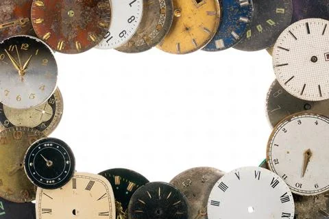 Top view on old worn clock dials with copy space, mockup or white workspace Stock Photos