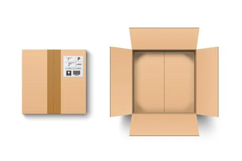 Top view open and closed cardboard box with shipment label Stock Illustration