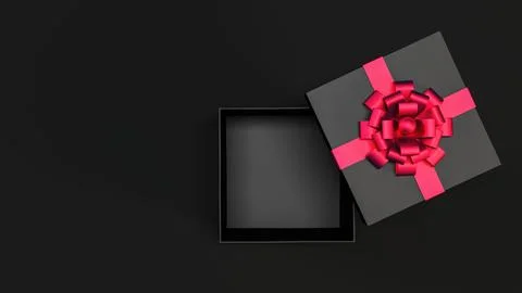 Top view of open black gift box with red ribbon and bow isolated on black Stock Illustration