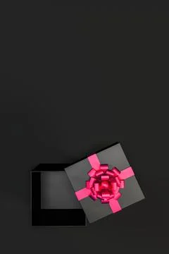 Top view of open black gift box with red ribbon and bow isolated on black Illustrazione stock
