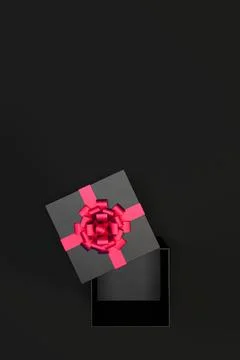 Top view of open black gift box with red ribbon and bow isolated on black Stock Illustration