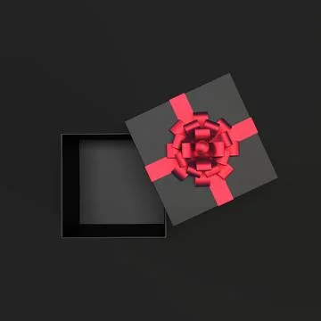Top view of open black gift box with red ribbon and bow isolated on black Stock Illustration