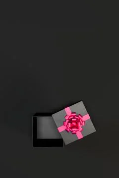 Top view of open black gift box with red ribbon and bow isolated on black Stock Illustration