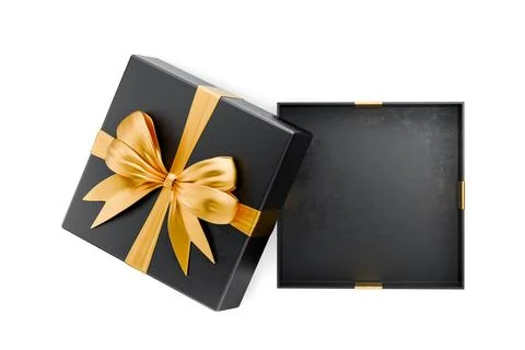 Top view of open black gift box with gold ribbon symbolizing luxury and cel.. Stock Illustration