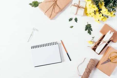 Top view open blank notepad with pencil Stock Photos