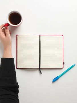 Top view of an open blank red notebook in the center, a blue pen beside it an Stock Photos