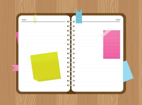 Top view open diary with stickers and a paper clip on wooden background. Stock Illustration