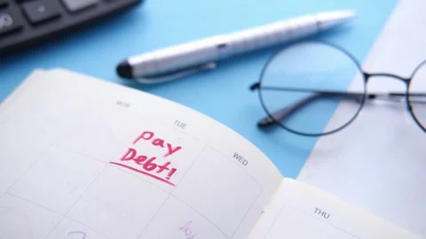 Top view of open notebook with pay debt reminder note and silver pen on blu.. Stock Footage 333153660