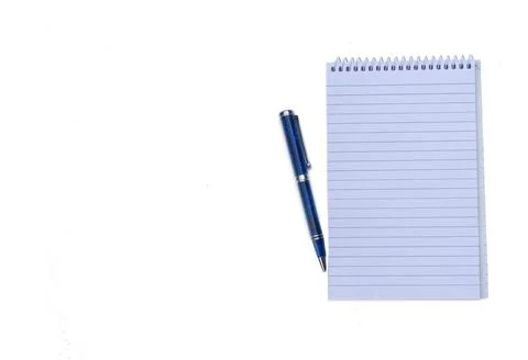 Top view of a open notebook with pen on a white background, school notebook.. Stock Photos