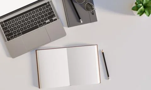 Top view of an open notebook with pencil and eyeglasses aside laptop and po.. Stock Illustration