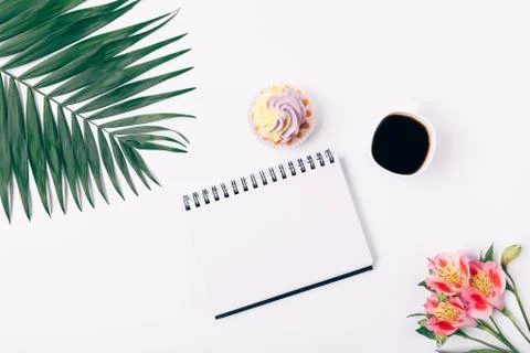 Top view open notepad with cup of coffee Stock Photos