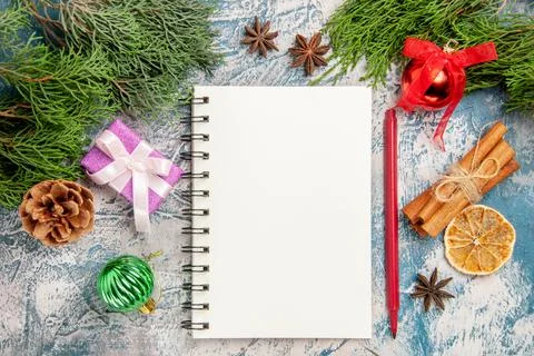 Top view open notepad with green branch on the light-blue background tree x.. Fotos Stock