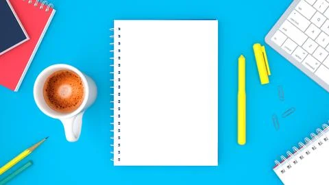 Top view of open notepad, pen, keyboard and cup of coffee on blue backgroun.. Stock Illustration