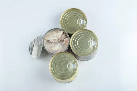 Top view of open or close can. canned beef. ON white background Stock Photos