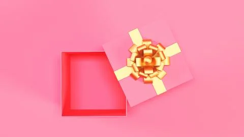 Top view of open pink gift box with golden ribbon bow isolated on pink Stock-Illustration
