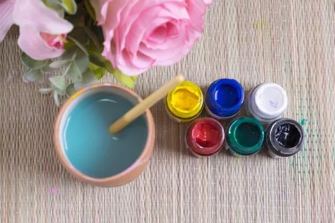 Top view of opened bottles of poster paint Stock Photos