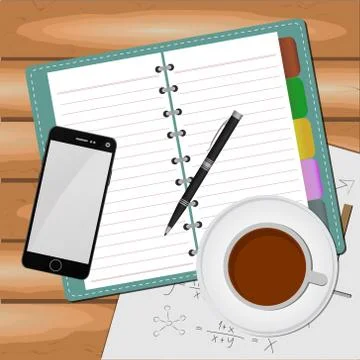 Top view on opened notebook, smartphone, pen and cup of coffee on dark wooden Stock Illustration