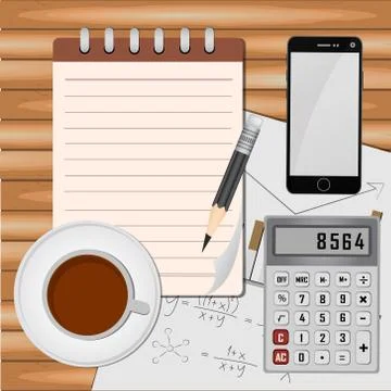 Top view on opened notebook, smartphone, pen and cup of coffee on dark wooden Stock Illustration
