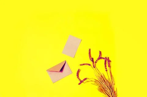 Top view opened pink envelop and lavender flowers on yellow background Stock Photos