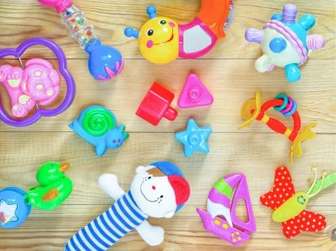 Top view or flat lay on colorful toys Stock Photos