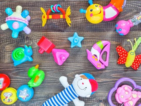 Top view or flat lay on colorful toys Фото