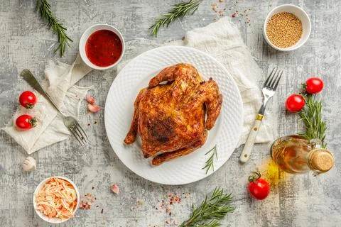Top view or flat lay of a tasty juicy whole grilled and roasted chicken with Foto stock
