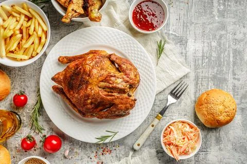 Top view or flat lay of a tasty juicy whole grilled and roasted chicken with Stock Photos