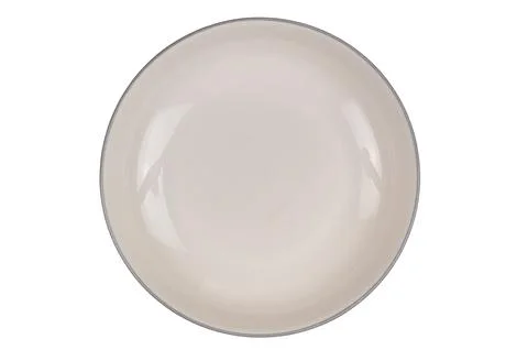 Top view or flat lay of single empty brown ceramic bowl with gray edge. Stock Photos