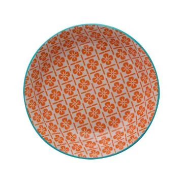 Top view of orange empty plate on isolated, white background, with pattern 스톡 사진