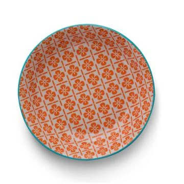 Top view of orange empty plate on isolated with a shadow, with pattern 스톡 사진