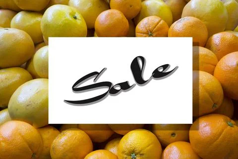 Top view of orange fruit pattern with sale text on frame template background. Stock Photos