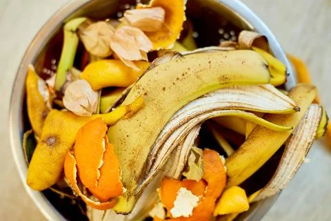 Top view of organic composting with leftover from kitchen, Recycling scraps c Stock Photos