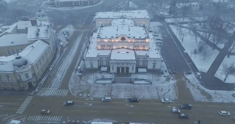 Top view over central boulevard of Sofia with architectural building in snow Stock Footage 328319223