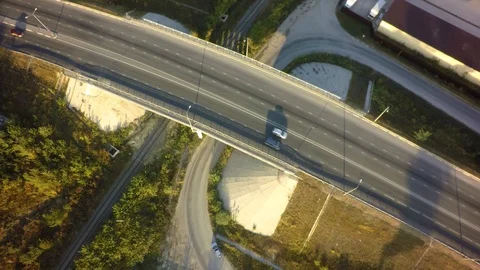 Top view over the highway junction. Aerial Drone Flight View of freeway road. Stock-Footage 95472403