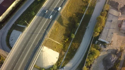 Top view over the highway junction. Aerial Drone Flight View of freeway road. Stock-Footage 95472554