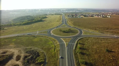 Top view over the highway junction. Aerial Drone Flight View of freeway road. Video stock 95472753