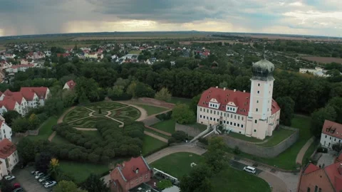 Top view over an old baroque castle in the old town of Delitzsch, Germany Stock Footage 205001555