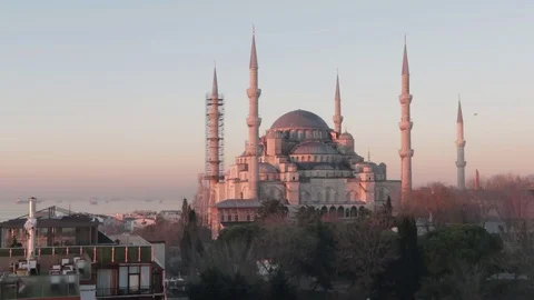 Top view over Sultan Ahmed Mosque or Blue Mosque, Sultanahmet, Istanbul, Turkey Stock Footage 124730276