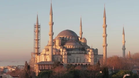 Top view over Sultan Ahmed Mosque or Blue Mosque, Sultanahmet, Istanbul, Turkey Stock Footage 124730605