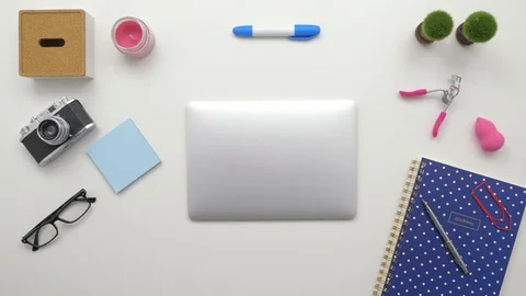Top View Overhead Of Woman Using Laptop By Personal Accessories Stock Footage 79648824