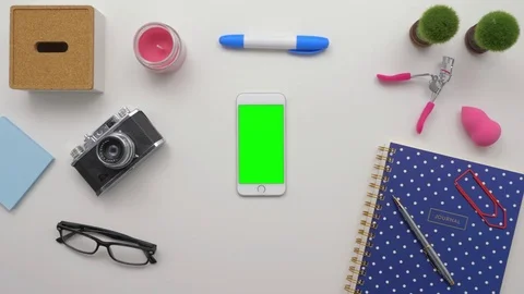 Top View Overhead Of Woman Using Smartphone By Personal Accessories Stock Footage 79648847