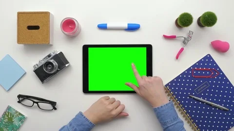 Top View Overhead Of Woman Using Digital Tablet By Personal Accessories Stock Footage 79648871
