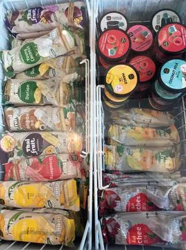 TOP VIEW, PACKAGED THAI FRUIT ICE CREAM, FLAT FREEZER SHOWCASE, HD Stock Photos