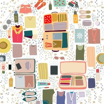Top view packed suitcase and flat lay clothes on white background with textur Stock Illustration