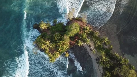 Top View Pal Island surrounded by ocean, Lines of Pure energy, waves power Stock Footage 99361226