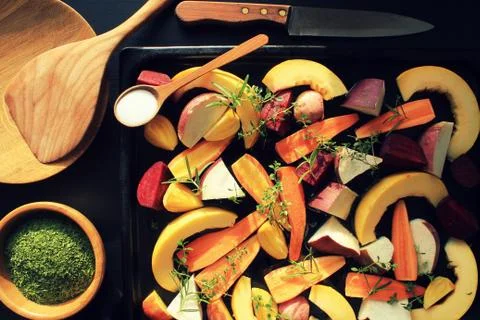 Top view of pan full of fall seasonal vegetables ready to be grilled over a d Stock Photos