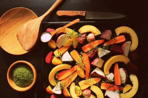 Top view of pan full of fall seasonal vegetables ready to be grilled over a d Stock Photos